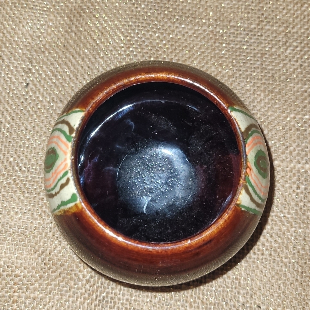 Handmade Art Deco Pottery Vase Planter Cachepot Brown w Green & Orange Design - Picture 5 of 6
